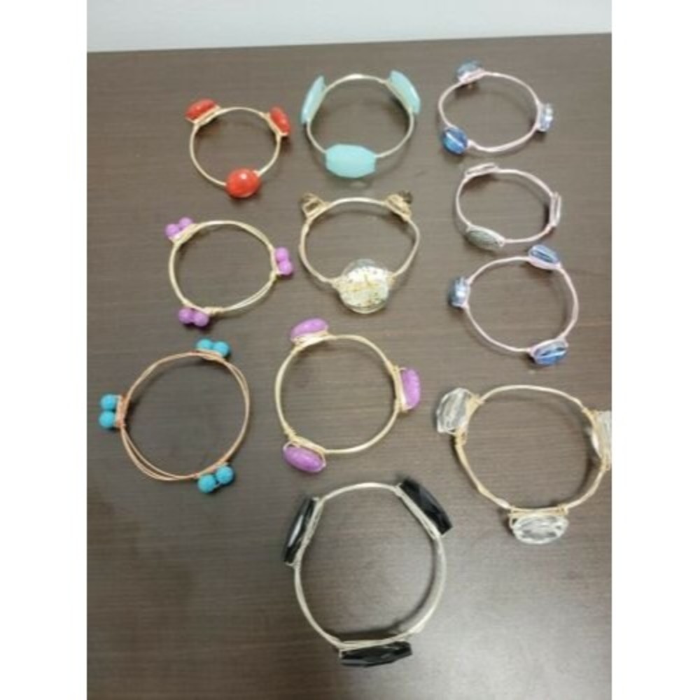 Wire Wrapped Bead With Assorted Color Art Glass Bangle Bracelet Lot Of 11
